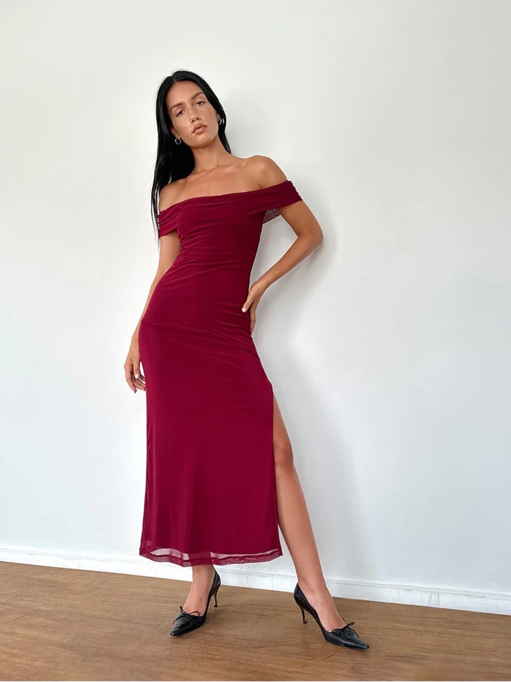 Motel Rocks One-Shoulder Burgundy Maxi Dress with Side Slit